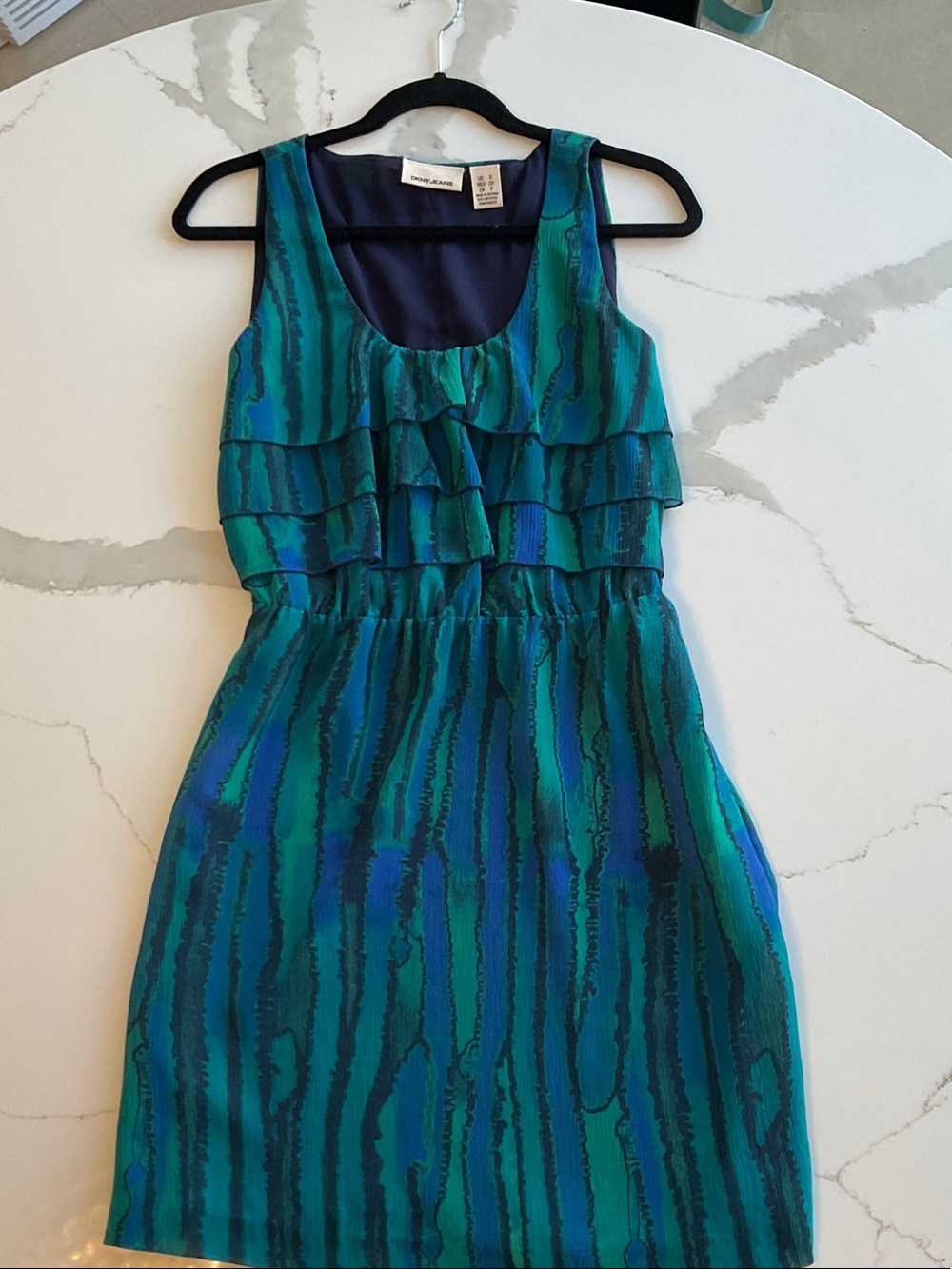 DKNY Teal and Blue Ruffle-Front Sleeveless Mini Dress